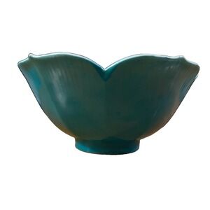 Blue Milk Glass Lotus Petal Bowl White Interior Scalloped 6" Floral Vintage